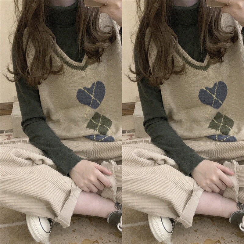 Sweater Vest Women Argyle V-neck Colorful Casual Preppy Womens Sweaters Flanging Loose Korean Style Students Knitted: apricot / XL