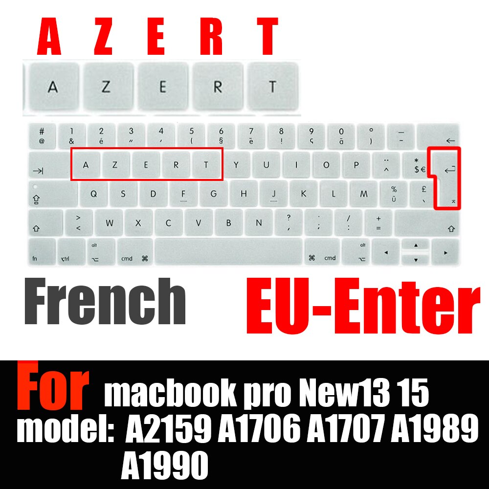 Francuski układ osłona klawiatury ue dla macbook touchbar 13 "15" A1990 A1989 A1707 A1706 folia ochronna na klawiaturę laptopa AZERT: Srebrny