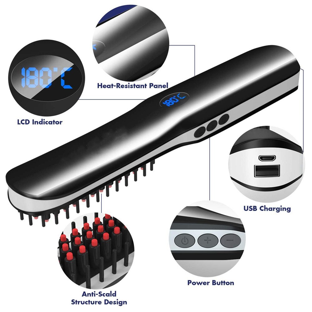 Beard Straightener Comb USB Cordless Hair Straightener Brush Hair Iron Straightening Men Quick Beard Straightener Styler Comb