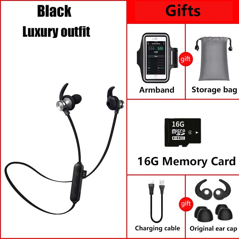 Bluetooth hovedtelefon ipx 5 vandtæt øretelefon  mp3 spiller stereo headset trådløst til sport mic tf kort telefon xiaomi: Sort luksusdragt