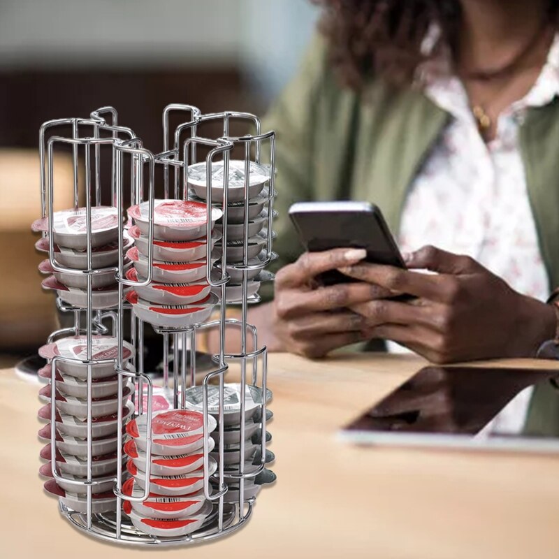 Coffee Capsule Rack Holder Carousel Holds 64 Capsules Modern Stainless Steel Rotatable Storage Organizer Display Stand