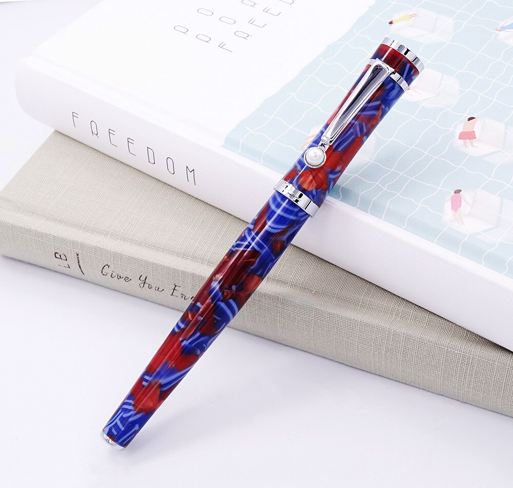 Fuliwen Celluloid Vulpen Esdoornblad Blauw-Rood, fine Nib Schrijven Pen Business Office Home Schoolbenodigdheden