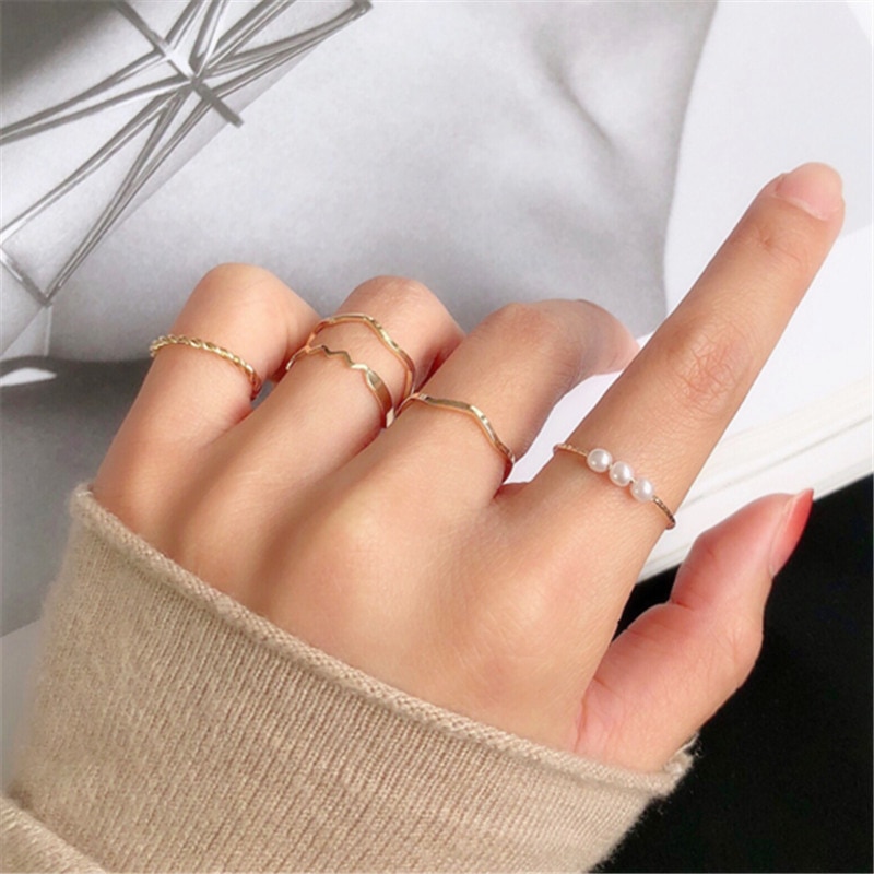 5 Stks/set Mode Imitatie Parel Ringen Voor Vrouwen Goud Kleur Ronde Wave Geometrische Ringen Set Wedding Party Sieraden Nieuw