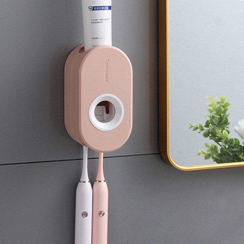 Wall Mount Automatic Toothpaste Dispenser Bathroom Accessories Set Toothpaste Squeezer Dispenser Bathroom Toothbrush Holder Tool: Pink