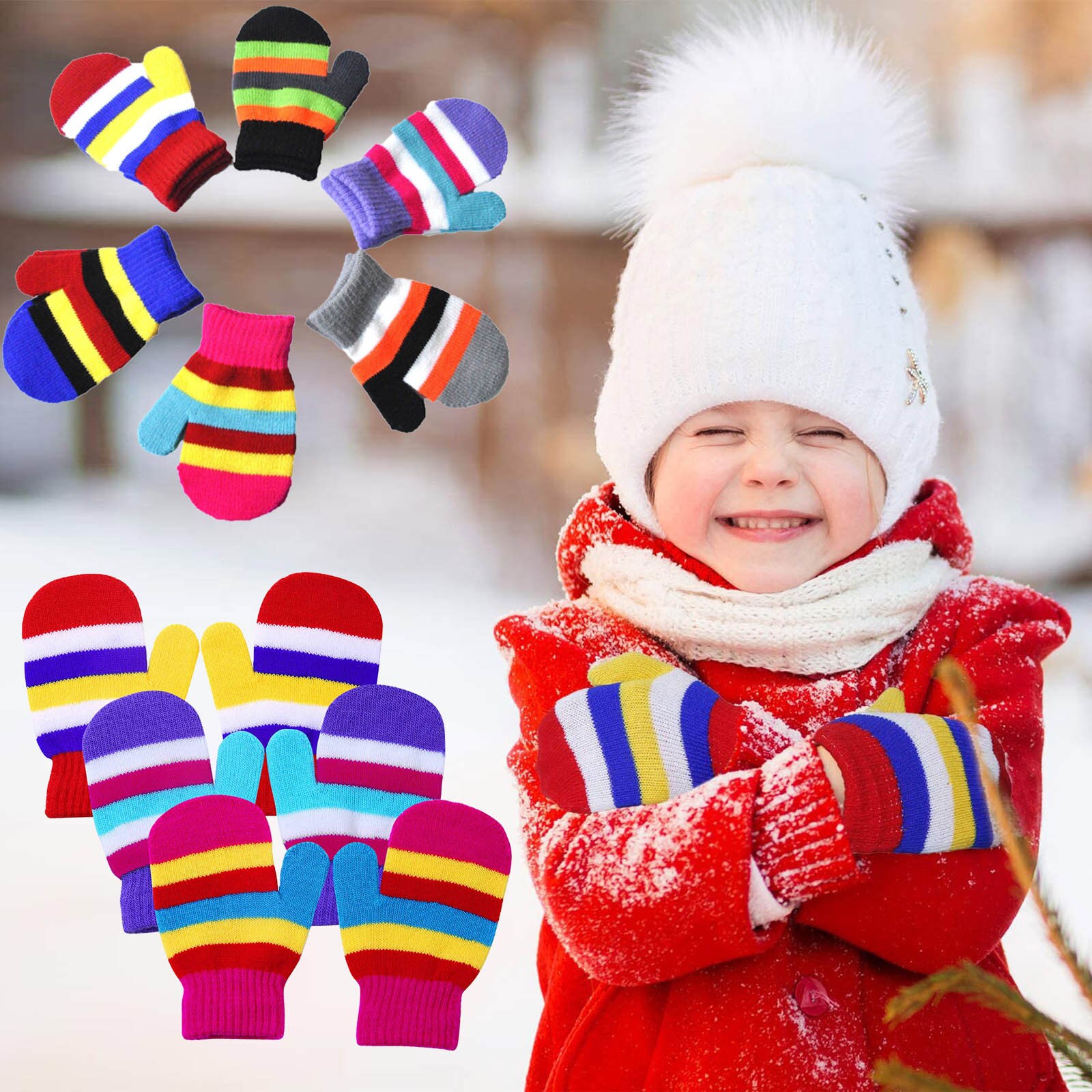 Telotuny 1 Pairs Kinderen Kids Winter Warm Handschoenen Peuter Meisjes Jongens Leuke Gestreepte Gebreide Wanten Baby Baby Vinger Handschoenen 1130