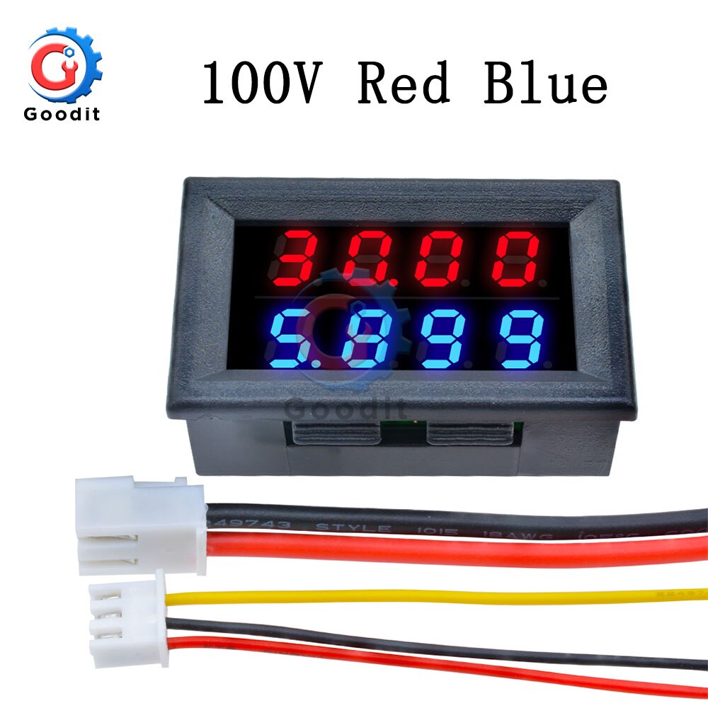 Digital DC Voltmeter Ammeter 4 Bit 5 Wires DC 100V 200V 10A Voltage Current Amp Panel Meter Power Supply LED Dual Display Meter: 100V Red Blue