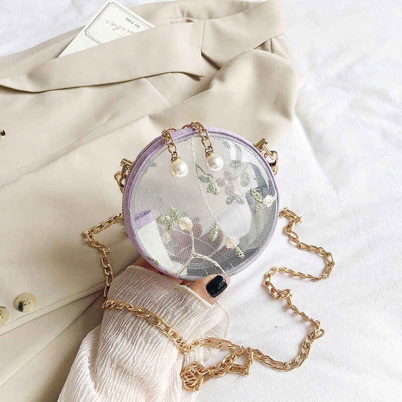 Transparente Runde Umhängetasche - Floral PVC - Perlen & Ketten Deko - Einzelner Riem - Lady Stil: 12 cm Lila