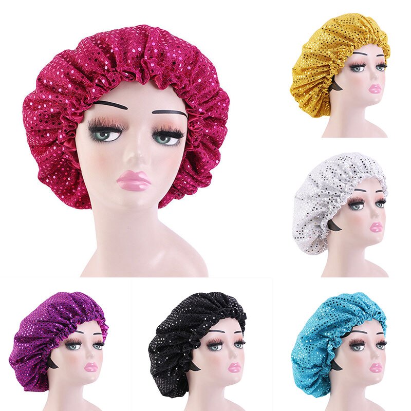 Grand Bonnet en Satin doublé pour femmes, grande taille, paillettes, soie, pour dormir la nuit, couvre-tête,