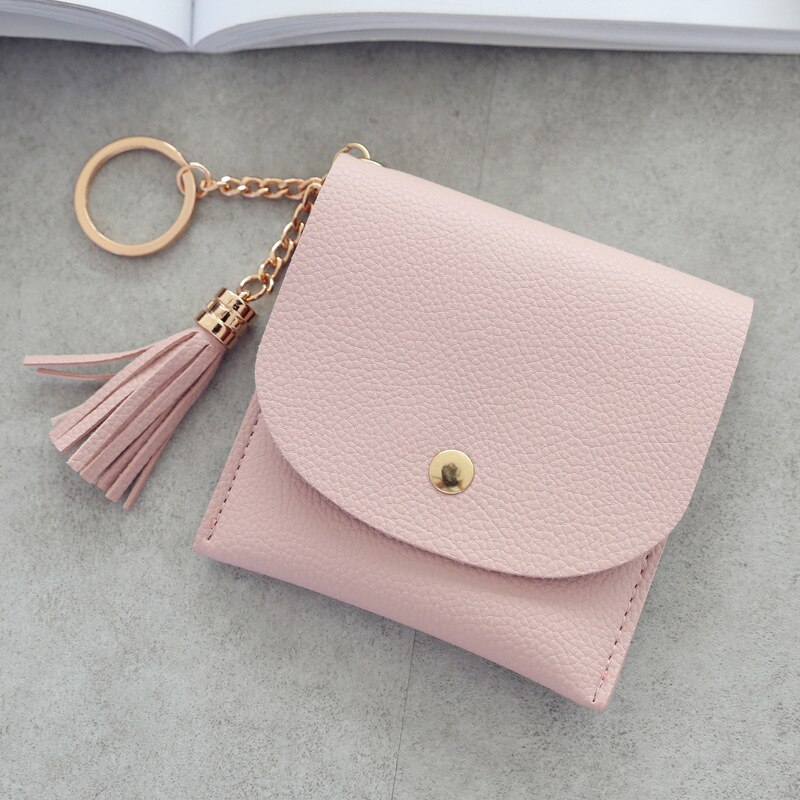 Women Short Wallet Fresh Student Bag Simple Multicard Seat Buckle Coin Purse Chain Leather Wallets Wallet Women Carteira: light pink