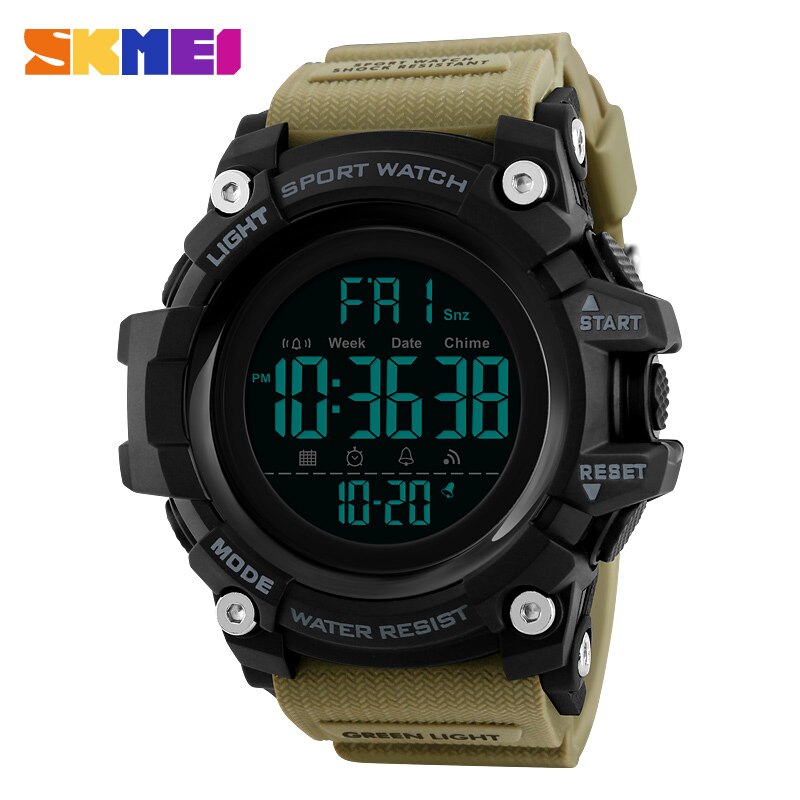 SKMEI hombres deportes al aire libre reloj de Cuenta atrás 2 alarma tiempo reloj Digital 5Bar impermeable Relogio Masculino 1384: Caqui