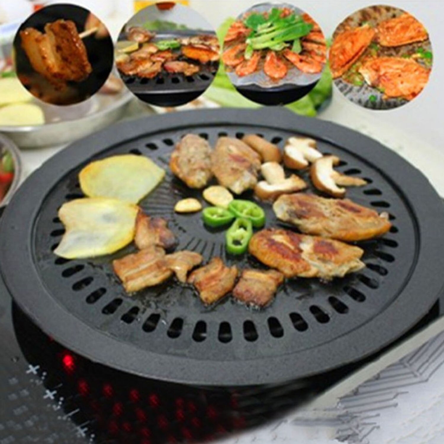 Behogar koreansk grill grill røgfri nonstick komfur grill grill rund pande til indendørs udendørs køkken køkkenredskaber bbq værktøj