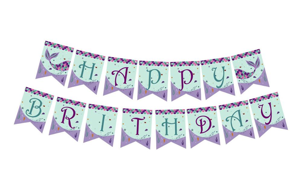 Mermaid Birthday Party Decoration Shell Plate Napkin Disposable Tableware Happy Birthday Party Decoration For Kids: happy banner