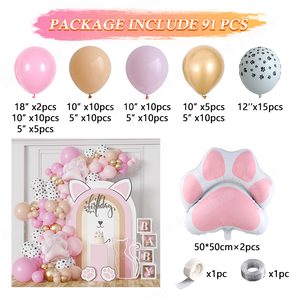 91 Uds globo temático de gato Meow guirnalda arco Rosa Pata de Gato globo de aluminio niños 1er cumpleaños Baby Shower decoración Globos