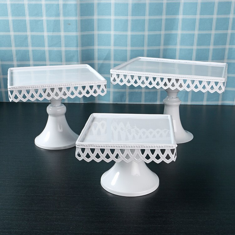 3 Size European Style Wedding Table Square white Cake Stand Iron Tall Cake Fruit Tray Lace Single Cupcake Stand