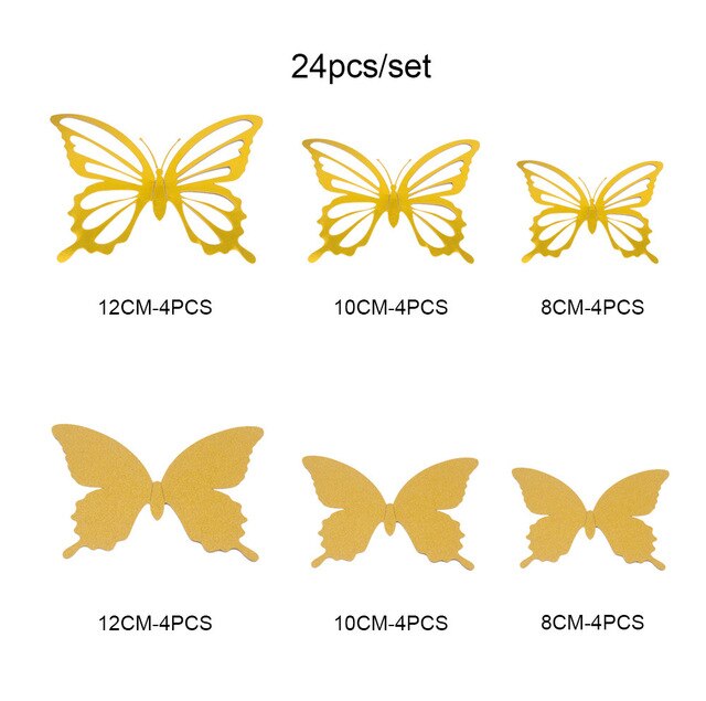 12Pcs Double-layer Paper 3D Butterfly Wall Sticker for Wedding Decoration Room Butterflies Fridge Art Wall Removable Wall Decor: Gold Gold