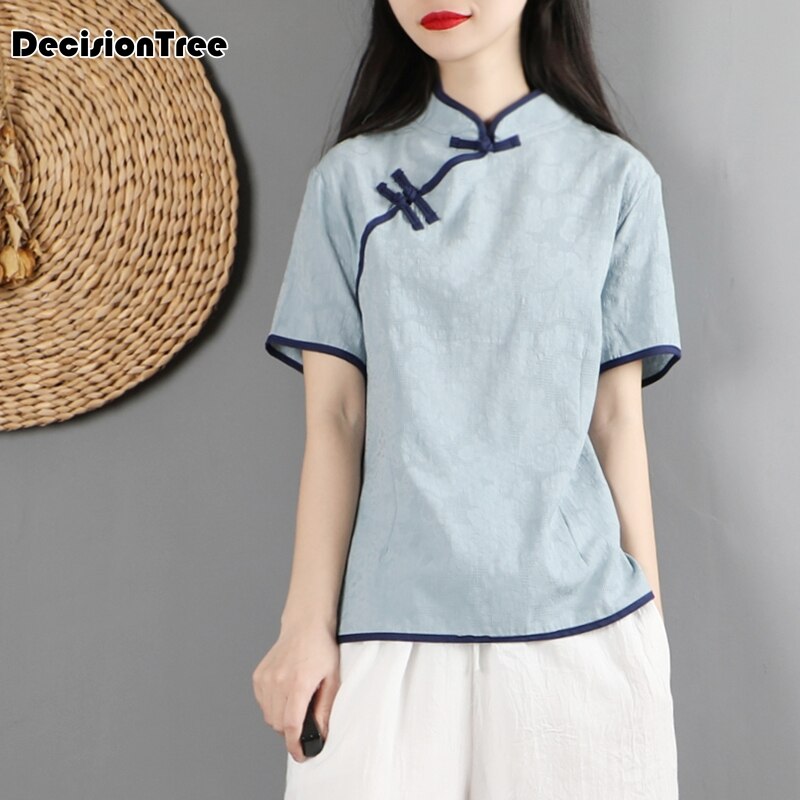 Qipao chino tradicional para mujer , top de algodón de manga corta y lino, tops de hadas hanfu, camisa tang vintage de encaje chino