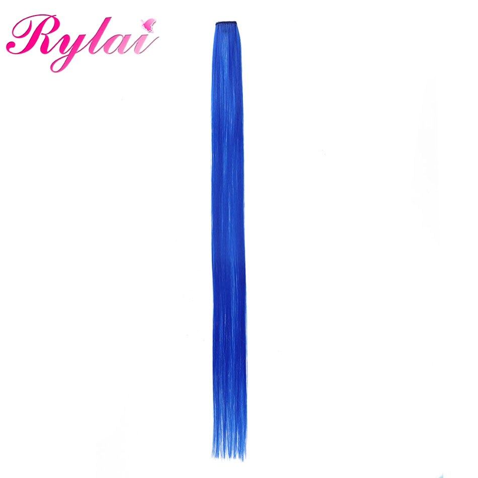 Rylai Lange Rechte Haar 5 Stuks/set Gekleurde Highlight Synthetische Hair Extensions Clip-In Een Stuk Pure Kleur 24 Inch: Blauw