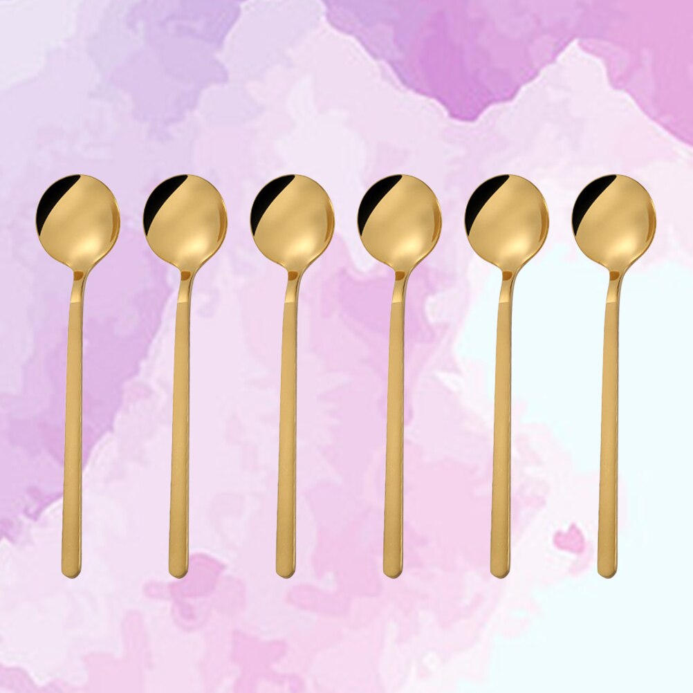 6 Pcs 13CM Spoons Stainless Steel Round Teaspoons Stirring Spoons for Sugar Coffee Dessert: Golden