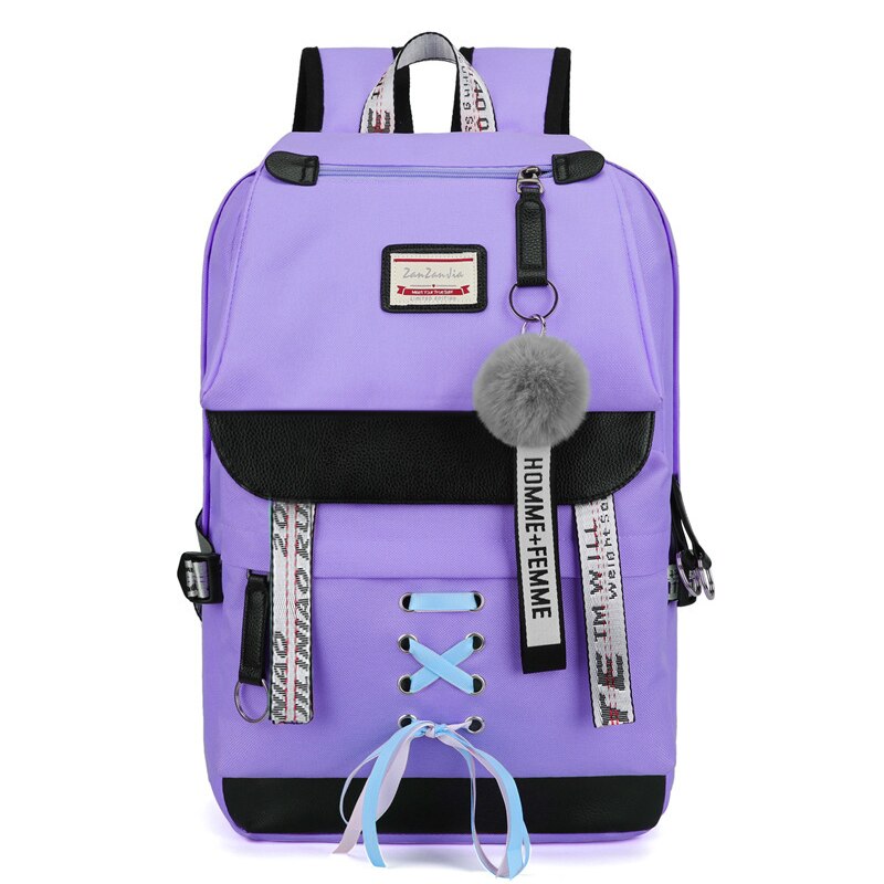 Toile Usb sacs d'école pour filles adolescents sac à dos femmes Bookbags noir grande capacité moyen collège adolescent cartable: Purple