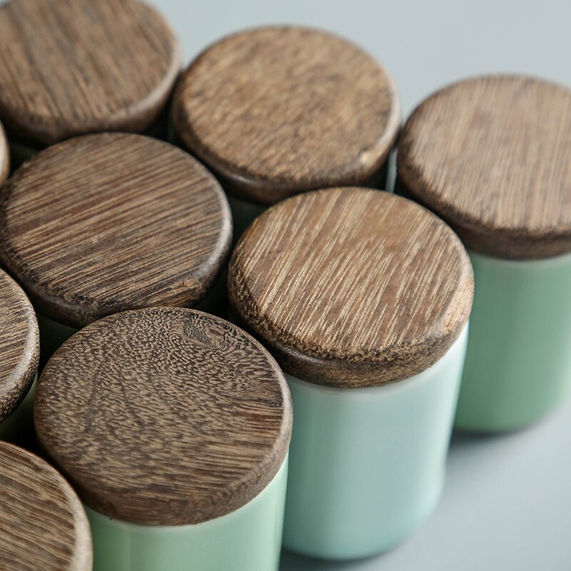 Longquan Celadon Tea Cans Small Portable Mini Tea Box Japanese Style Ceramic Sealed Tea Pot Wooden Lid Tea Set Metal Cover