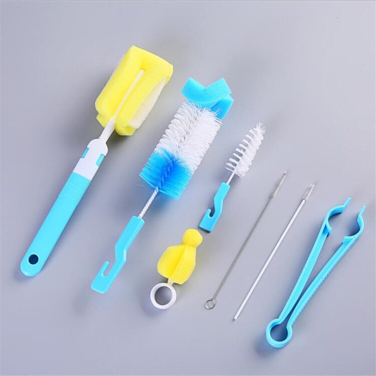 7Pcs Baby Fles Borstel Set Babyuitsteeksel 360-Graden Roterende Schone Spons Uitloop Cup Borstel Kit Fles Schoon tool