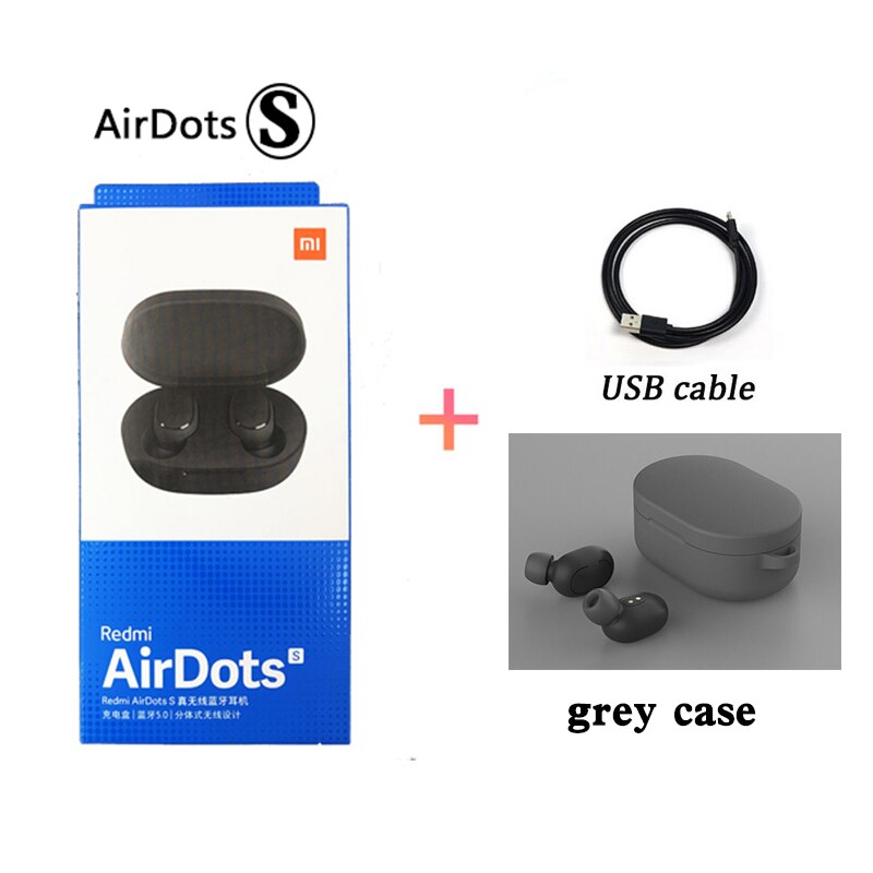 Original Xiaomi Airdots S Tws Redmi Airdots S Earbuds Wireless Earphone Bluetooth 5.0 Gaming Headset With Mic Voice Control: grey  case cable