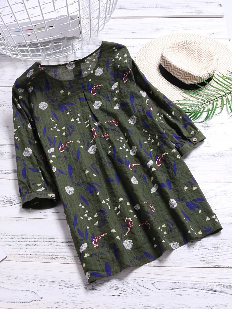 Grande taille 1XL-8XL femmes imprimé fleuri manches 3/4 chemise ample rétro couleur chemise dames Blouse hauts: 8XL / Palm Vert
