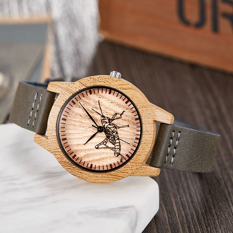 Montre-bracelet Imitation bois pour hommes et femmes, montre à Quartz, Imitation arbre de vie, bracelet en cuir souple: mantis women