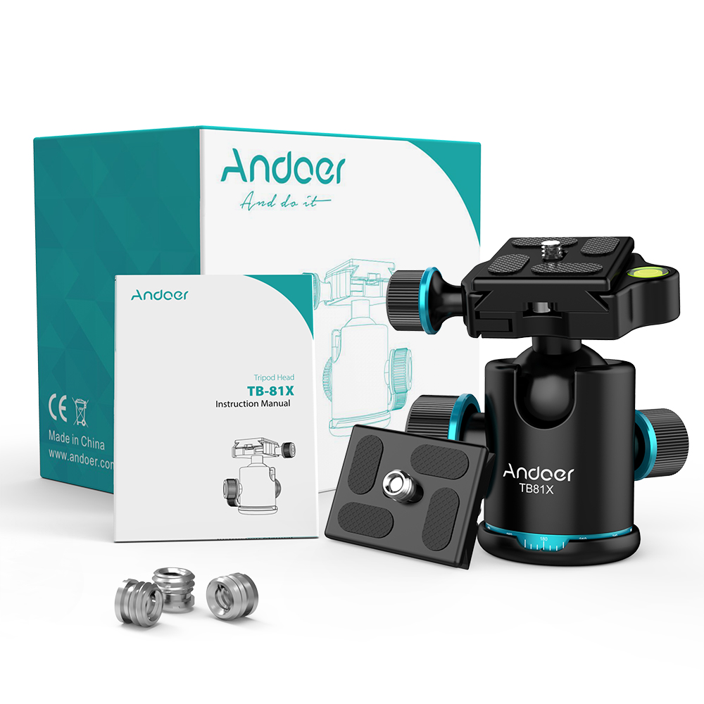 Andoer TB81X Statief Bal Hoofd Roterende Panoramisch Balhoofd voor Monopod Slider DSLR Camera met 3 stks Srew Adapter en 2 stks Plaat