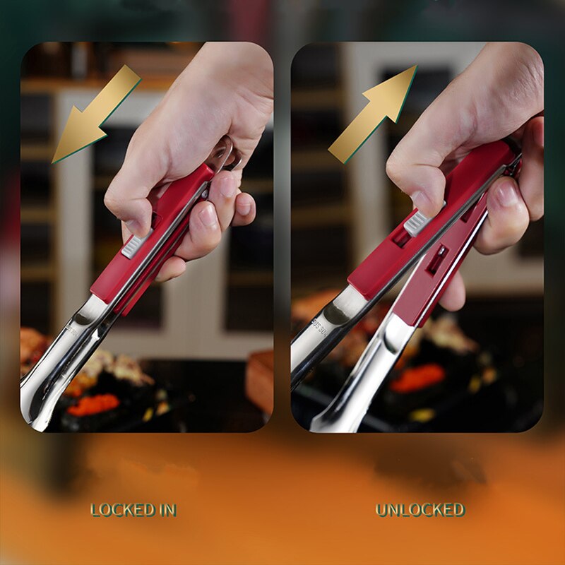 Sliding Button Food Barbecue Grill Tongs Stainless Steel Bread Buffet Clip Non-Stick Clamp Home Kitchen Cooking Accessories