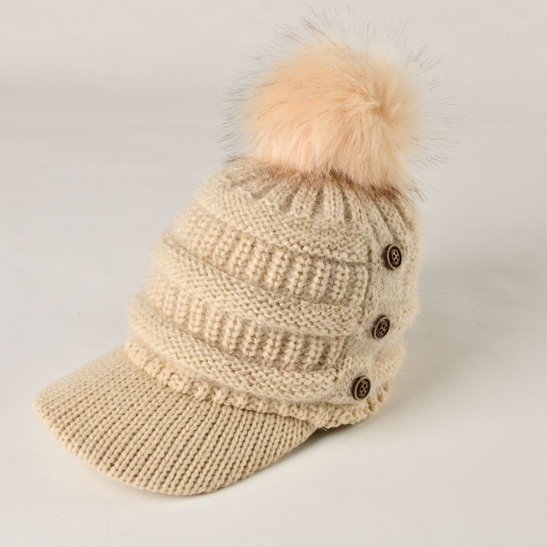 Gorro de lana con forma de bola para mujer, gorro de lana con forma de cúpula cálida, con botones, en 6 colores, para invierno y otoño: Beige