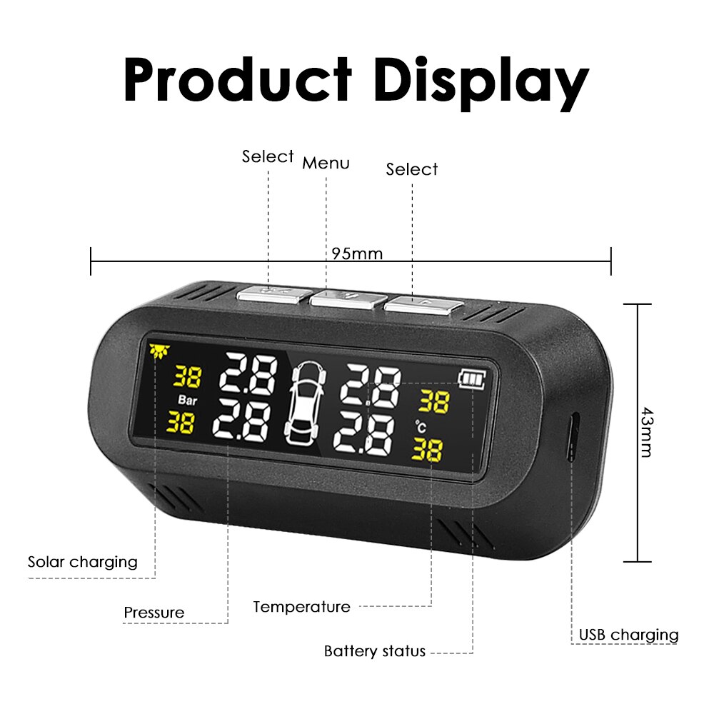 Car TPMS Tyre Pressure Monitoring System Solar Power Digital LCD Display Auto Security Alarm Systems Tyre Pressure