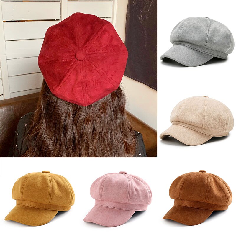 Newsboy Caps Women Gatsby Octagonal Hats Baker Peaked Beret Driving Female Sunscreen Hats Painter Tour Winter Suede Retro Cap