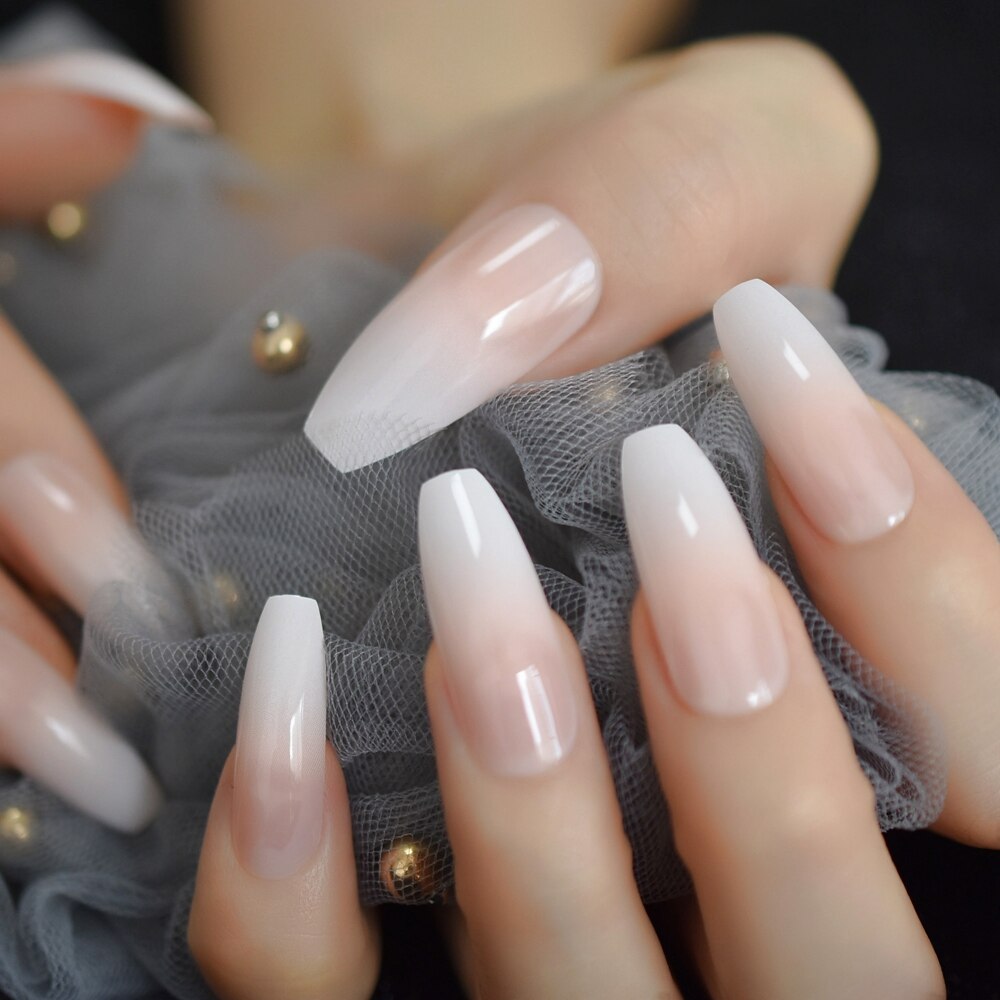 Holografisk faux ongles ombre nautal fransk nagel extra lång kista glitter abs gel fingernagel set 24 ct: L5264