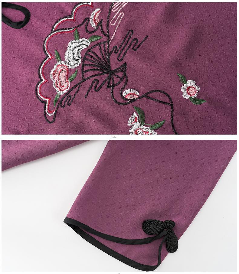 Broderi forår sommertøj til midaldrende mor todelt sæt til kvinder outfit halværmet top bukser sæt bedstemor jakkesæt