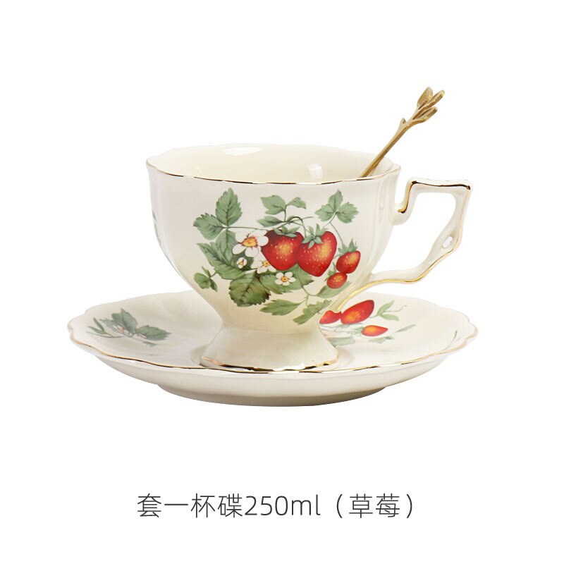 European Coffee Cup and Plate Set Ceramic British Gold Rim Teaware French Fancy Restaurant Afternoon Tea Cup with Saucer Spoon: Strawberry 1 Set