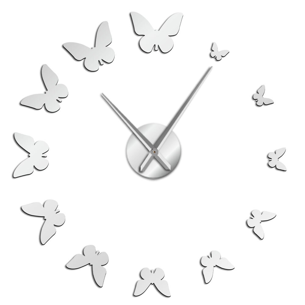 DIY Giant Wall Clock 3D Butterfly Mirror Large Numer Wall Clock Sticker Animal DIY Frameless Huge Modern Watch Decor: Silver / 47inch