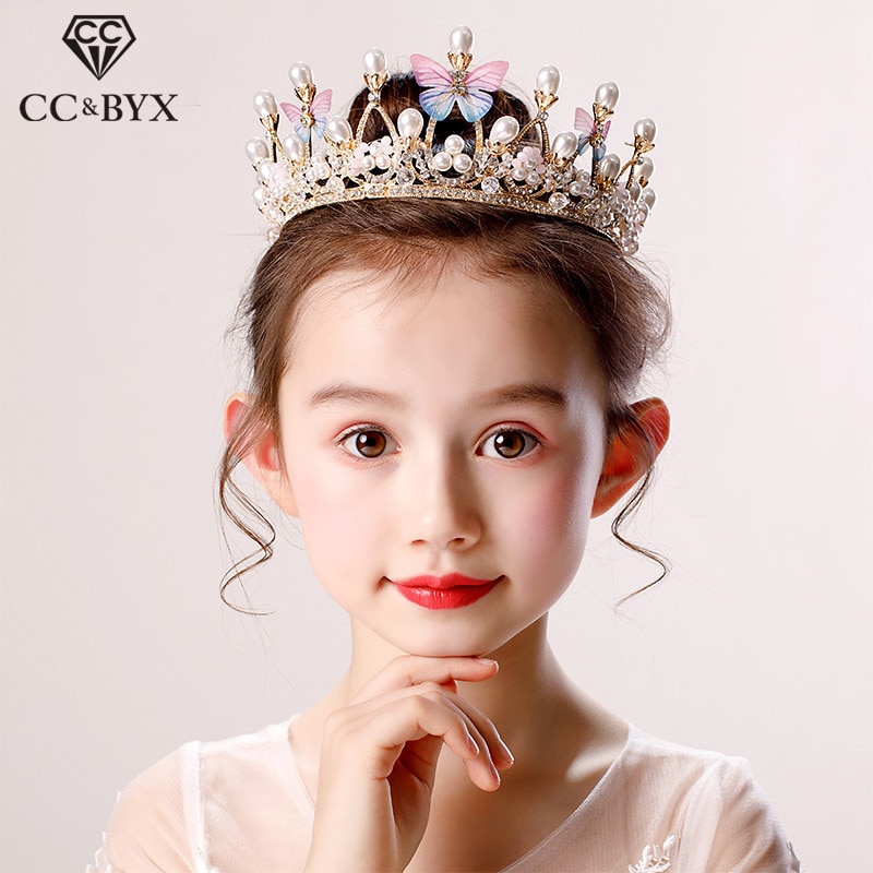 Cc tiaras de cabelo para crianças, acessórios de cabelo, tiaras e coroa de borboleta, de pérola, para meninas, princesa, festa de aniversário, luxo, presente su073