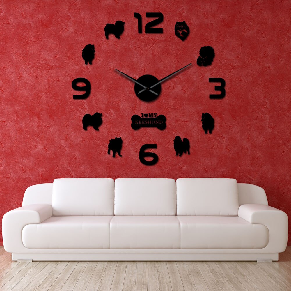 Keeshond-Reloj de pared grande para hombre, reloj de pared grande 3D con de perro barcaza holandesa, sonriente, alemán, Spitz, Deutscher, Wolfspitz, Kees