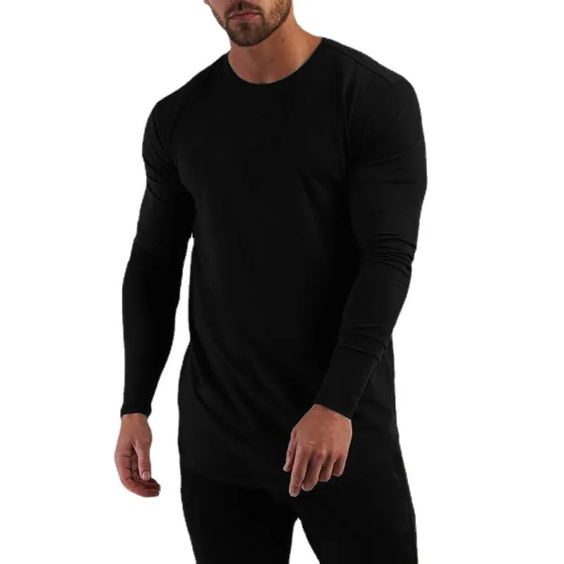 Ensfarvet bomuld åndbart langærmet tøj til fitness fitness bodybuilding sport t-shirts til mænd træning afslappet slim fit efterårsskjorter
