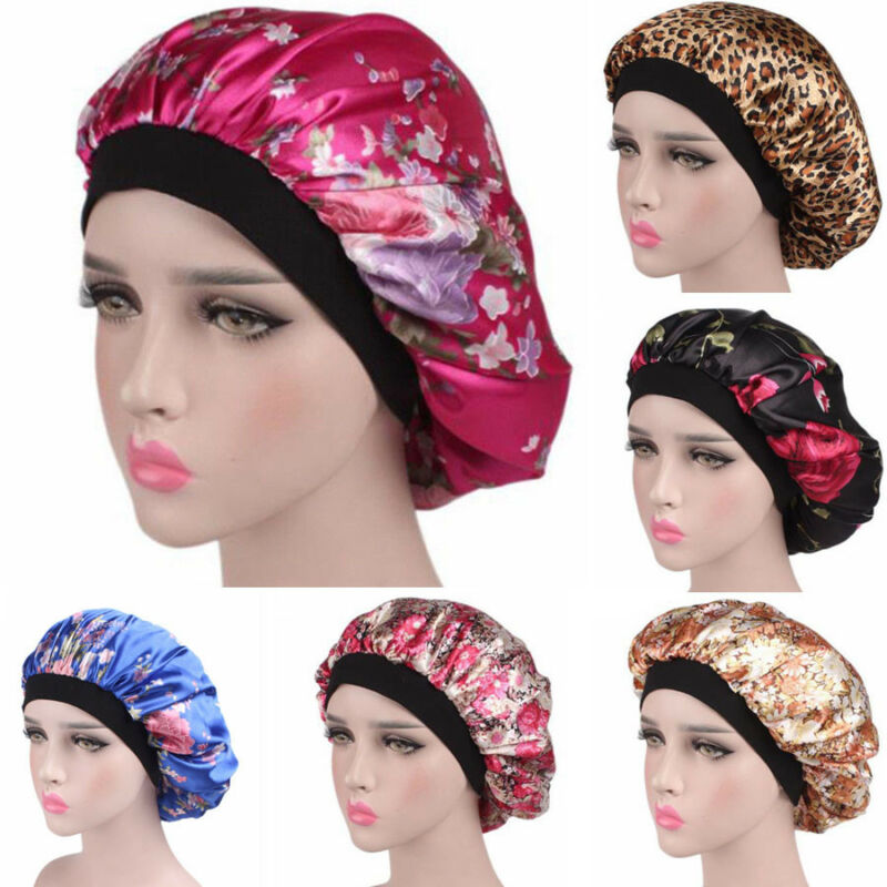 1pc kvinnor satin nattsömn mössa blommig leopardmönstrad nattmössa hår huva hatt siden huvudskydd breda elastiska party cosplay hattar
