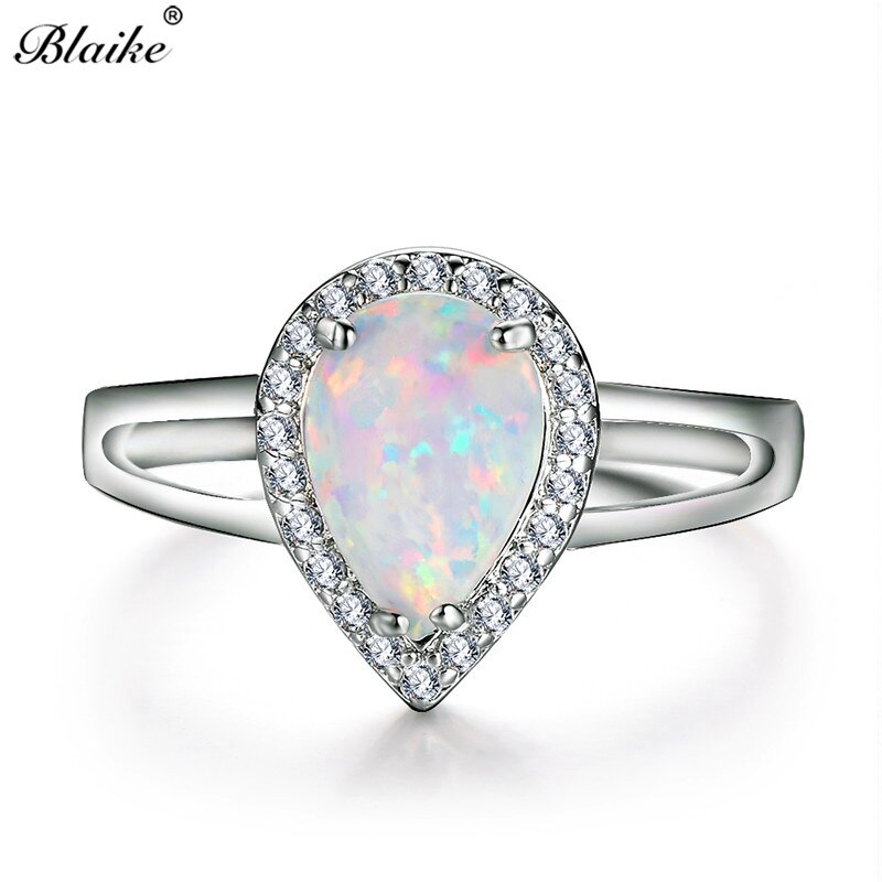 Blaike luxo branco ouro cheio gota de água branco fogo opala anéis para mulheres moda jóias arco-íris birthstone anel de noivado