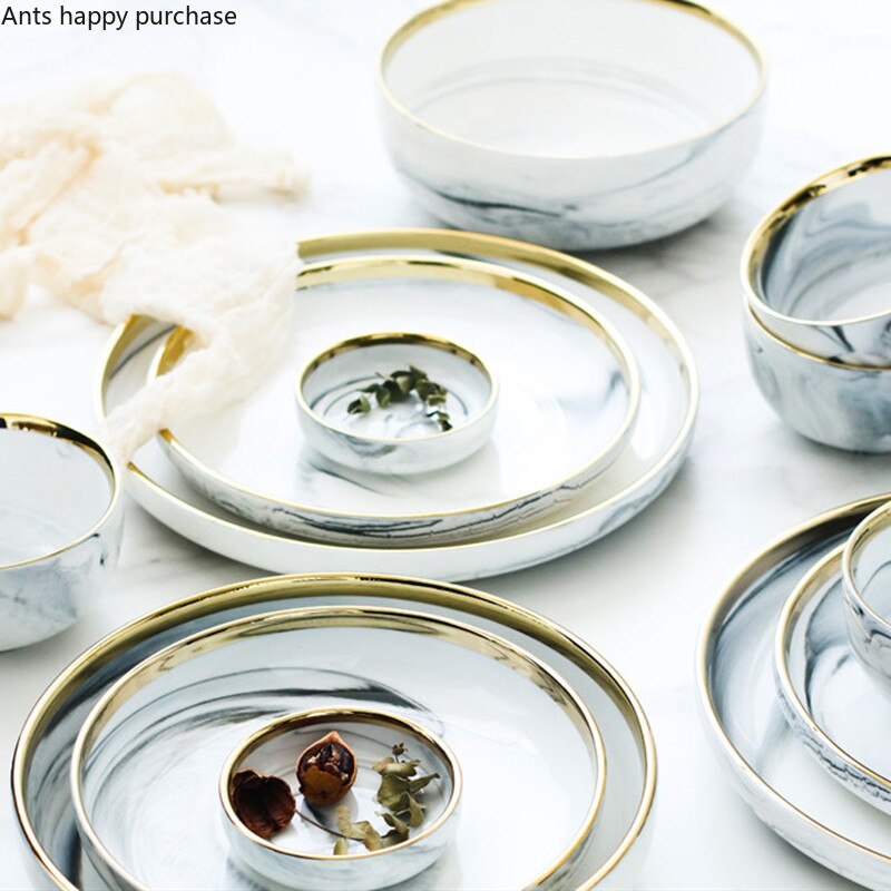 Phnom Penh Marmer Servies Keramische Plaat Thuis Plaat Servies Set Restaurant Decoratieve Servies Ronde Schalen en Borden Sets