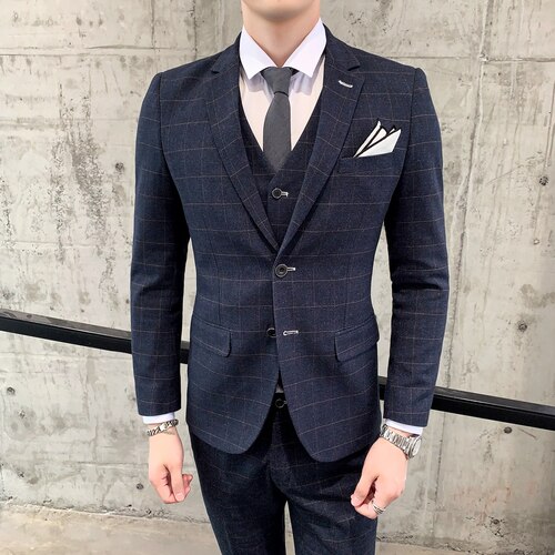 ( Blazer+ Vest + Pants) Men's Plaid Wedding Dress Groom Wedding Suit Boutique Business British Suit Plaid Formal Suit: S