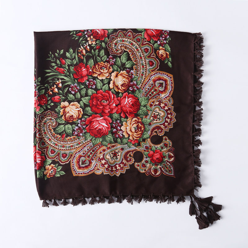 90*90CM Women Russian Style Peony Floral Printed Long Tassel Large Square Scarf Warm Wrap Traditional Ethnic Mexican Shawl: Lavender