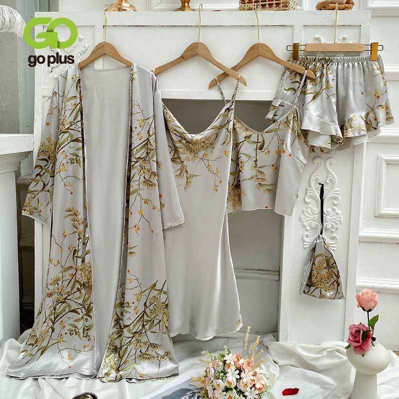 Vrouw Nachtkleding Sets Voorjaar Pyjama Grijs Shorts Slaap Tops Sexy Nachtkleding Jurk Print Gezellige 4 Stuk Pyjama Chinese Stijl robe Set