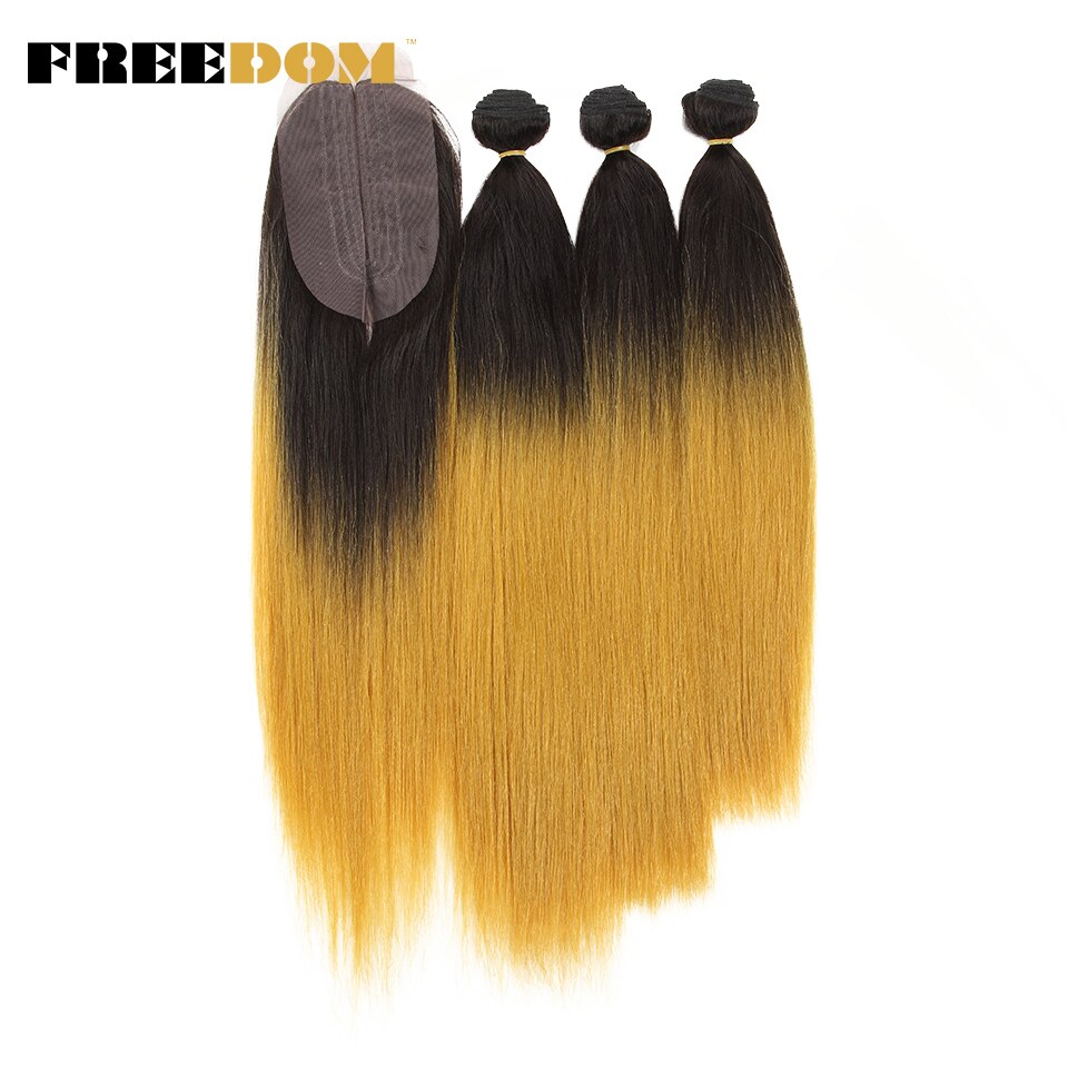 FREEDOM-mechones de pelo lacio Yaki de 18, 20 y 22 pulgadas, extensiones de cabello sintético con cierre de encaje, Marrón degradado: TT4-144
