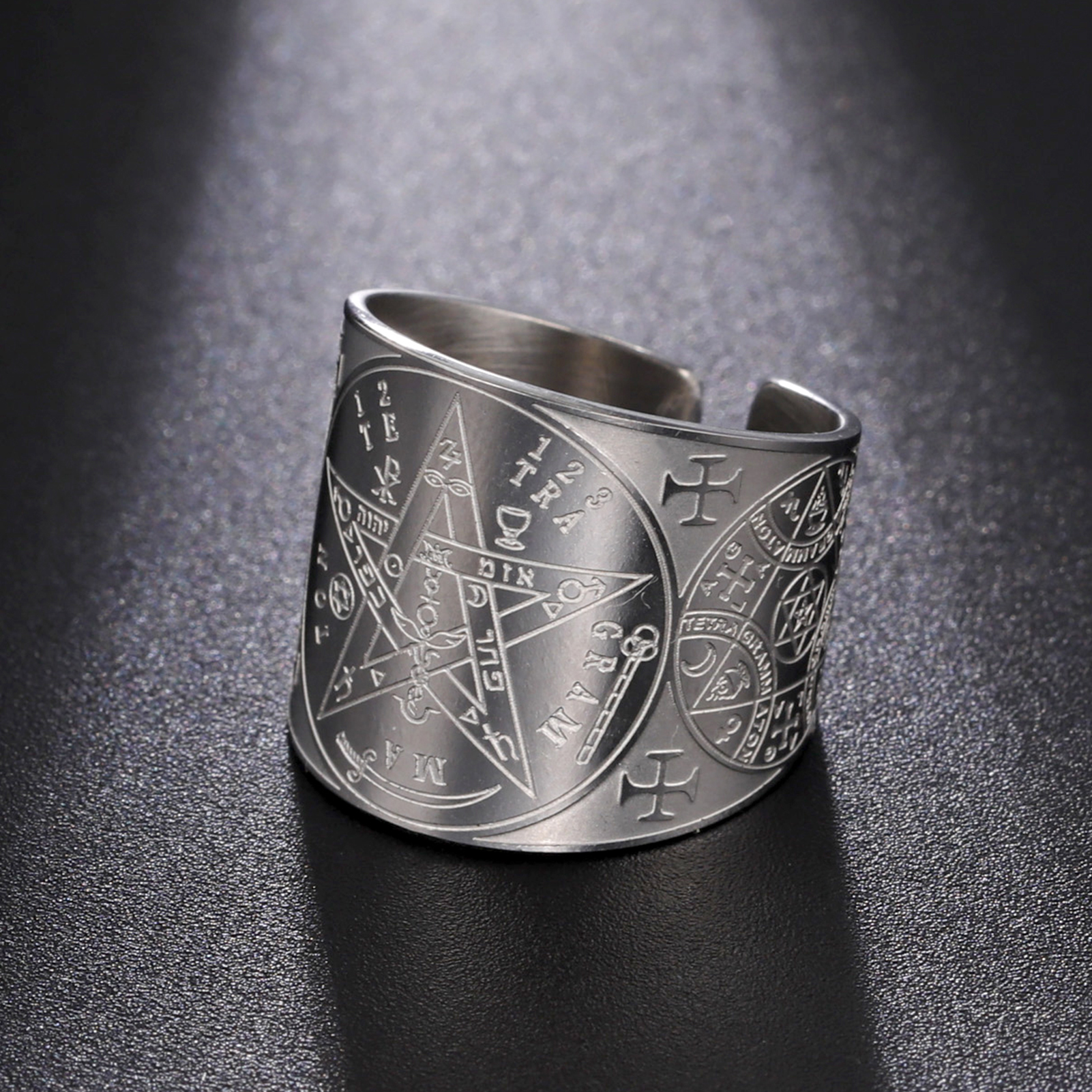 Anillo de tetragrammatón con pentagrama de brujería, anillo de dedo con pentáculo de acero inoxidable para hombres, amuleto de protección de energía antigua, joyería