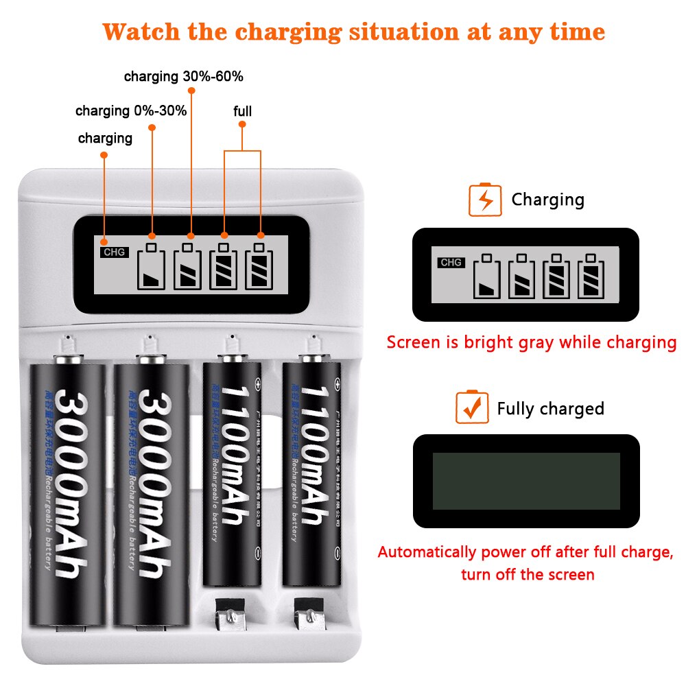 Palo Smart Lcd Batterijlader Voor Ni-Cd Ni 1.2V Aa Aaa Oplaadbare Batterijen + 4 Stuks aa Batterijen + 4 Stuks Aaa Batterijen