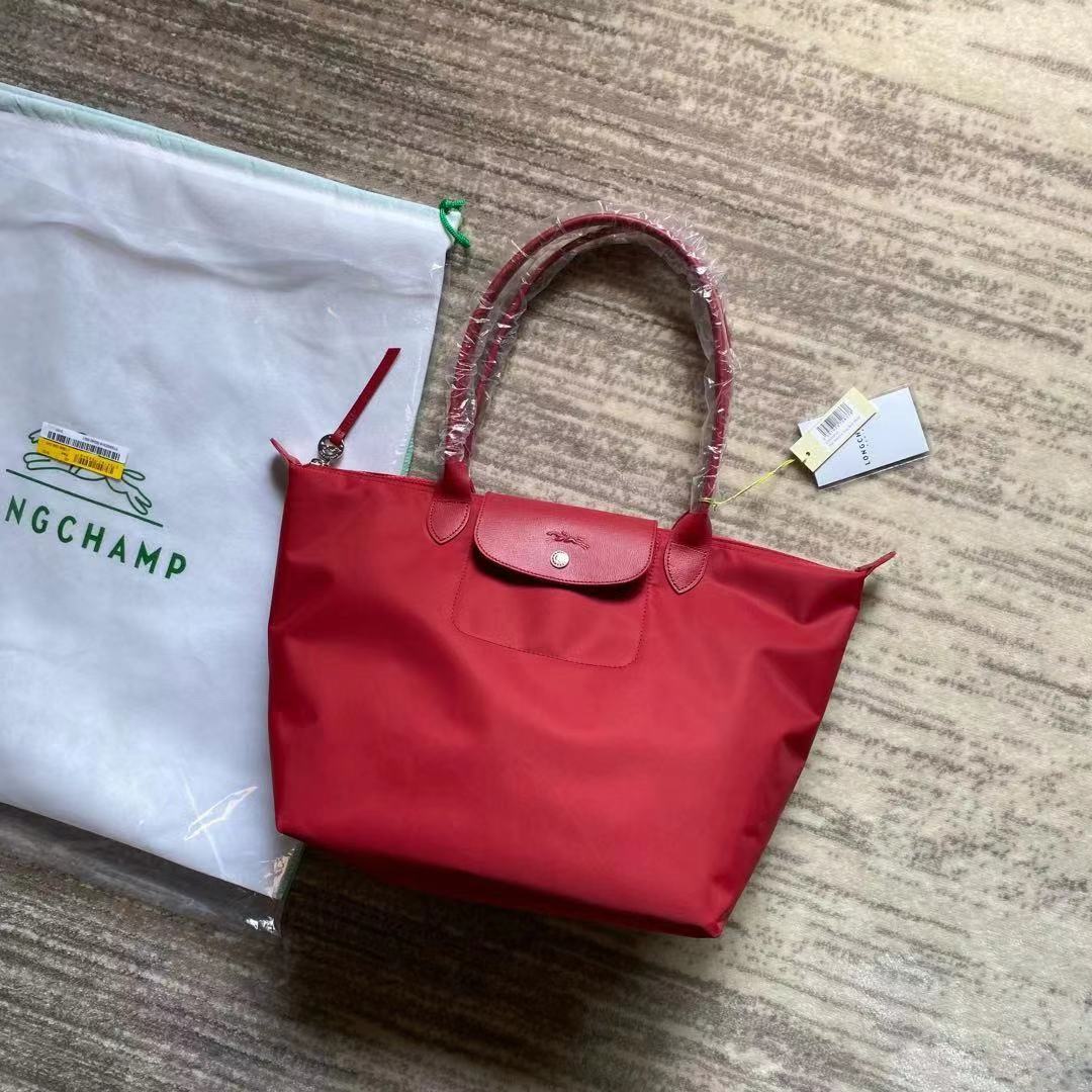 Large long handle thickened shopping bag dumpling bag foldable large capacity medium Longxiang shoulder bag: Medium red